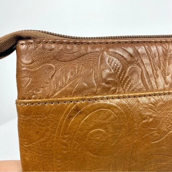 Margot Cognac Brown 100% Leather Large Wristlet Leaf Paisley Pattern 9.75x6 in. - Picture 11 of 12